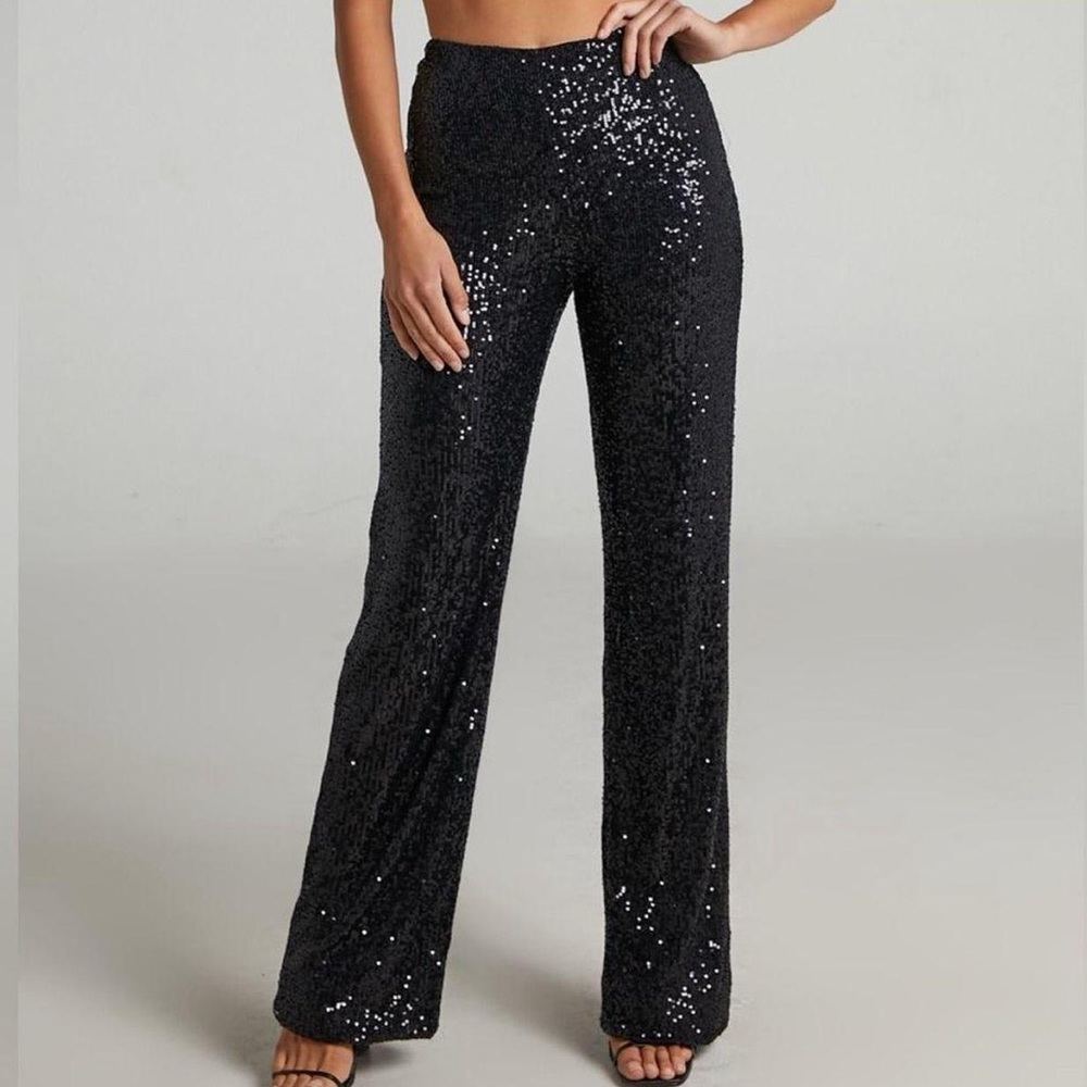 House of Harlow 1960 2 pc Sequenced Stretch pull-on Pant & Sateen Cropped Top - Picture 9 of 15